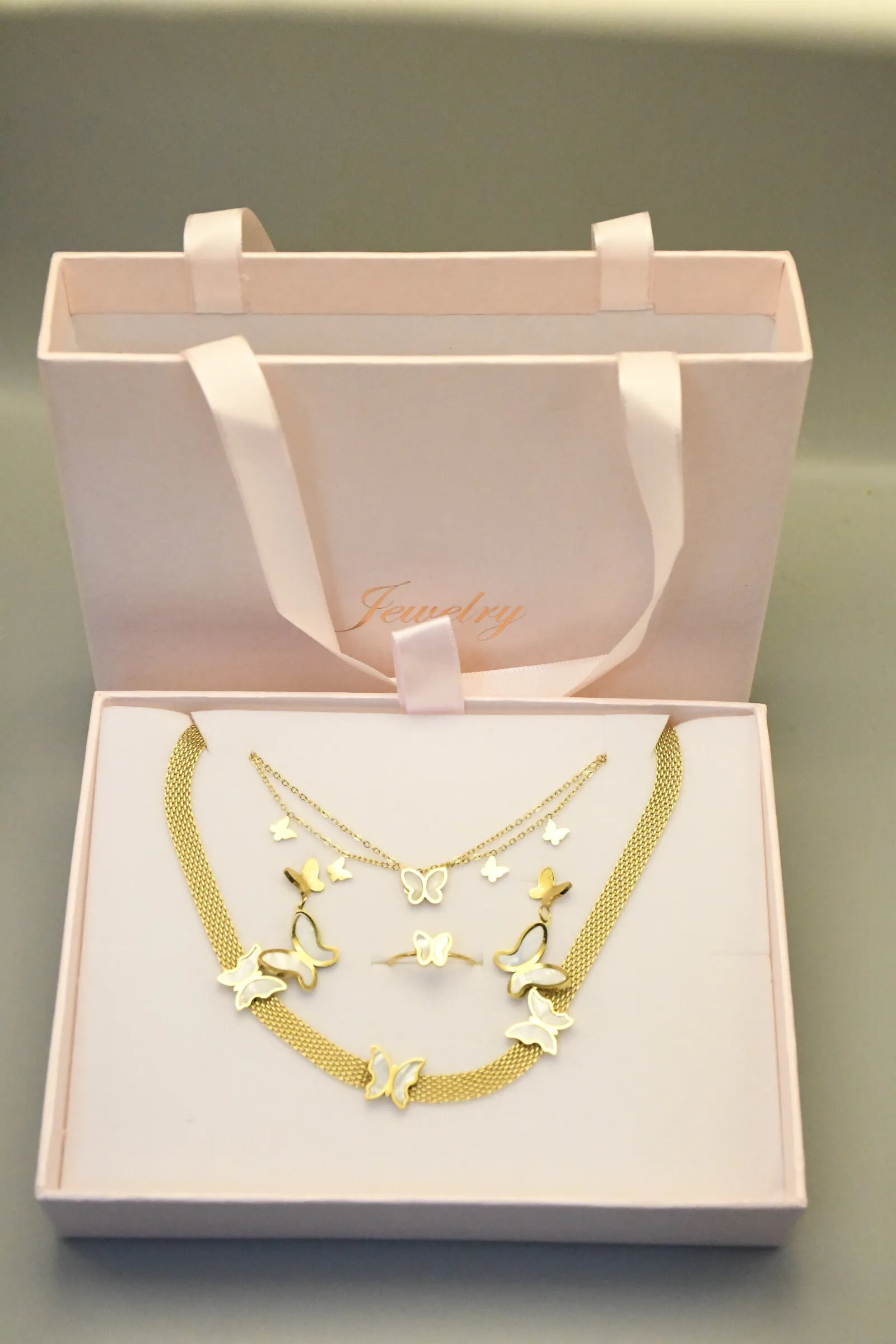 Edelstahl-Halskette, Ohrringe, Armband, Ringbox