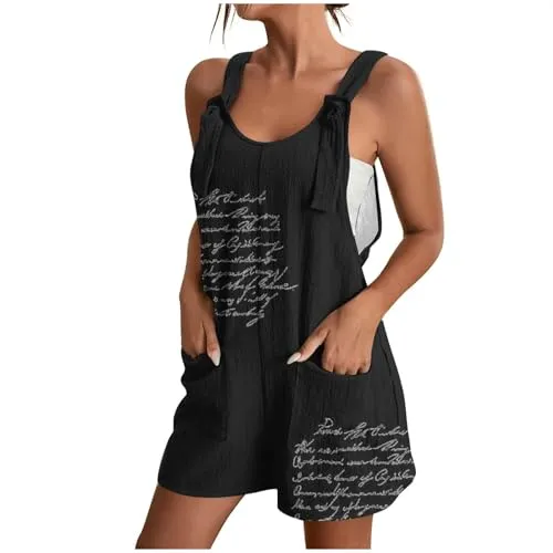 EMATOP Damen Sommer Ärmellos Overalls Casual Kurz Jumpsuit Loose Spaghetti Trägerhose Baumwolle Leinen Latzhose mit Taschen Shor