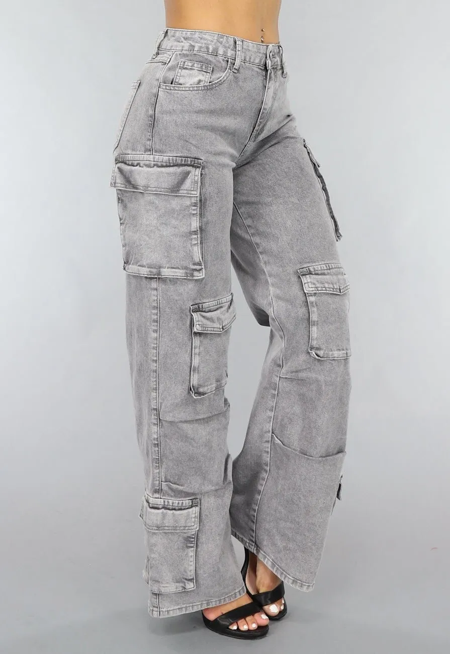 Graue Stretch-Cargo-Jeans