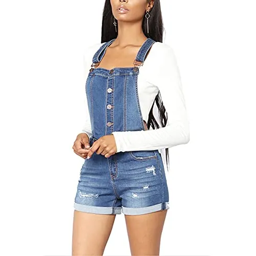 Latzhose Damen Denim Shorts Kurz Jeanslatzhose Denim Overall Jumpsuit Playsuit Träger Romper,Hohe Taille Zerrissene Jeans-Shorts